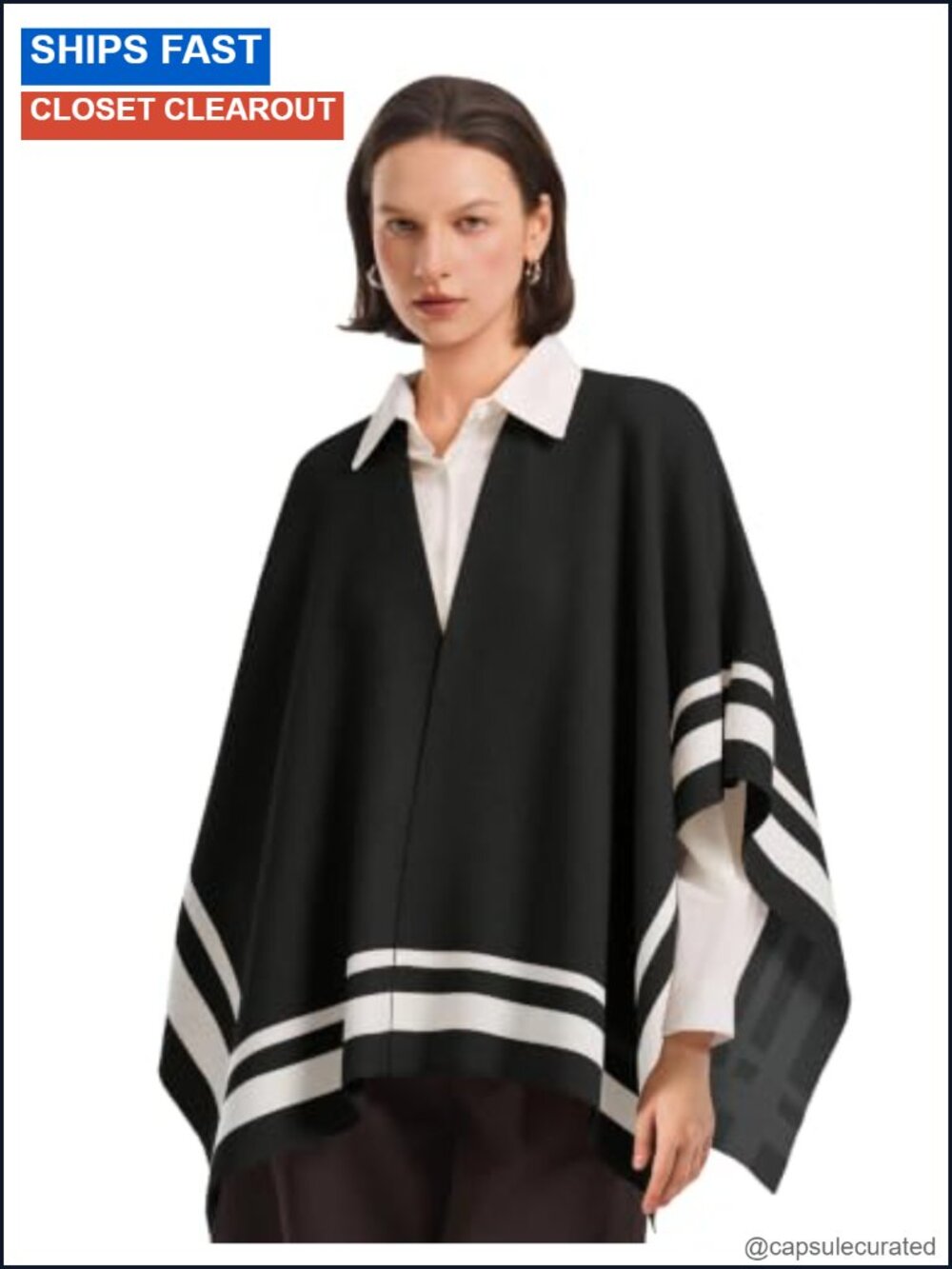 Womens Open Front Knit Poncho Shawl Wrap Striped Cape Viscose Blend